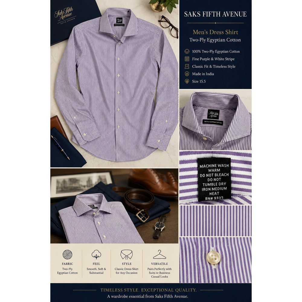 Saks Fifth Avenue Mens Purple White Stripe Egyptian Cotton Dress Shirt 15.5